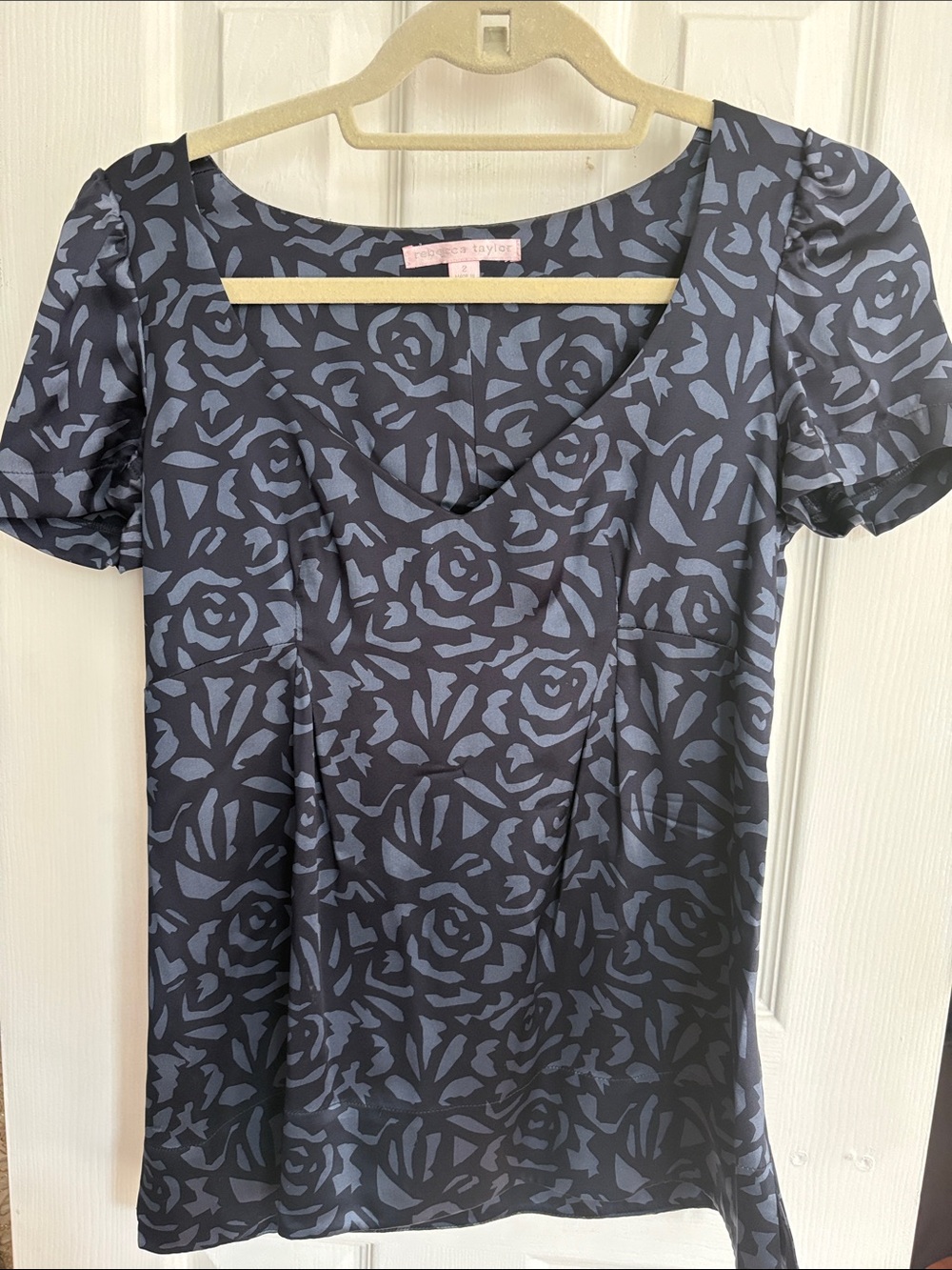 Rebecca Taylor Navy & Blue Floral V-Neck Puff Sleeve Top